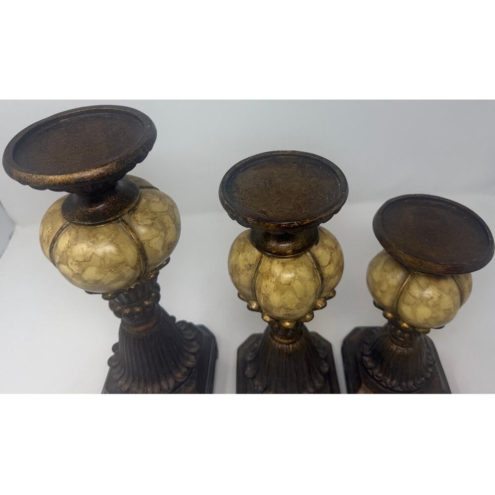 Tucson Style Pillar Faux Alabaster Finish Gold Brass Candleholders Set of 3 - Picture 2 of 11